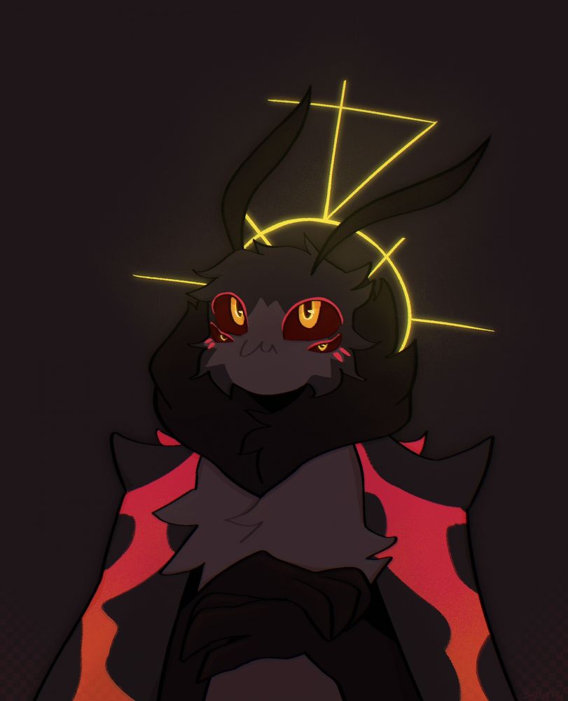 Digital art of anthro furry butterfly with dark fur, bright red wings and eyes, their head is crowned with a halo, they looks peaceful
