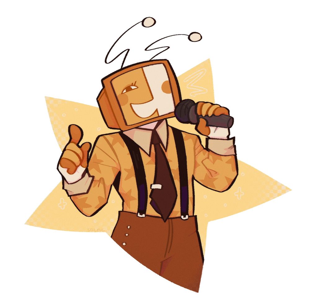 Digital art of robot tv-host with tv-head they have star theme in their design and soft light yellow pallete