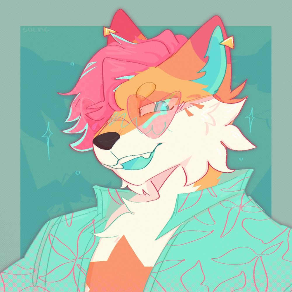 Digital art of furry anthro dingo red canine in chill havai beach vibe in pink and green pallete