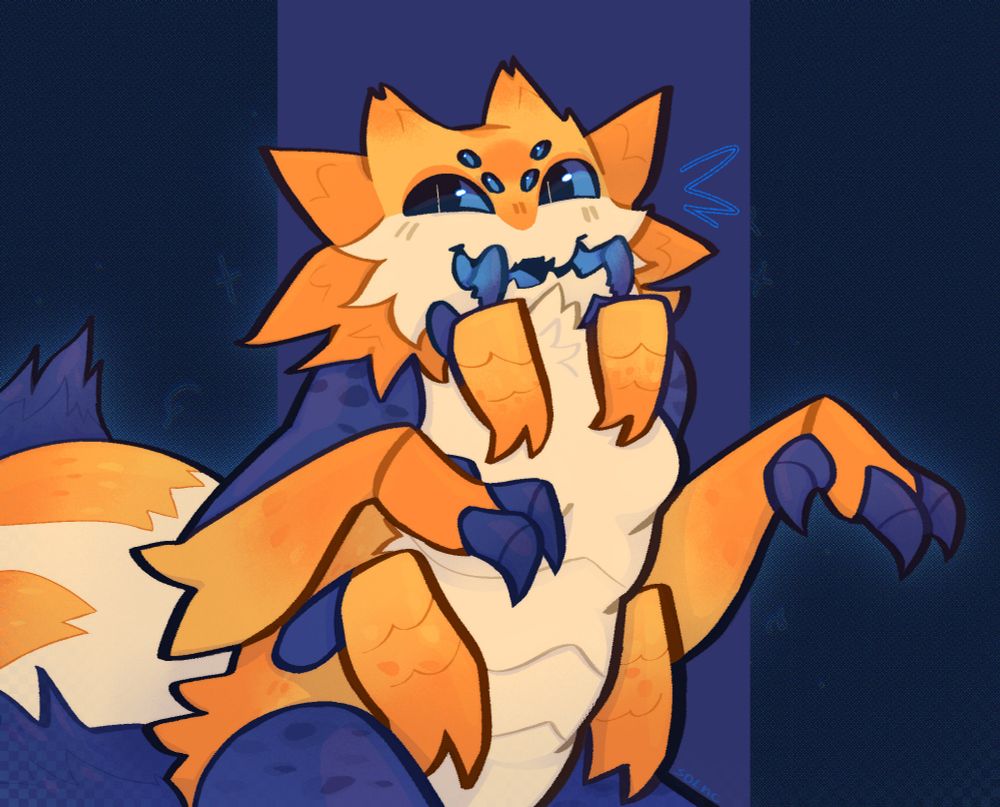 Digital art of anthro furry spider pokemon galvantula oc who looks excited art have orange and dark blue pallette