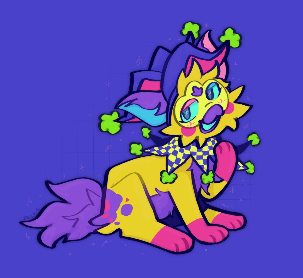 Digital art of feral furby oc who hawe bright fur an jester traits