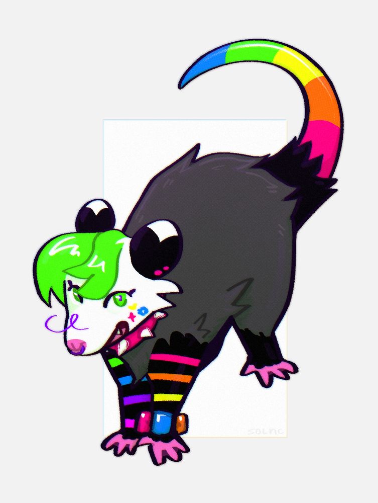 digital art of bright color feral sparkle possum on grey background who looks cute and friendly