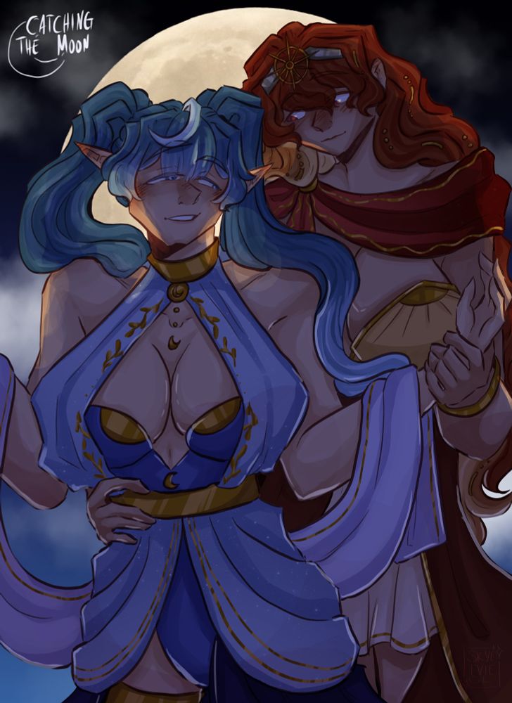 Iuno and Augusta from Wuthering Waves dancing in front of the moonlight in dresses