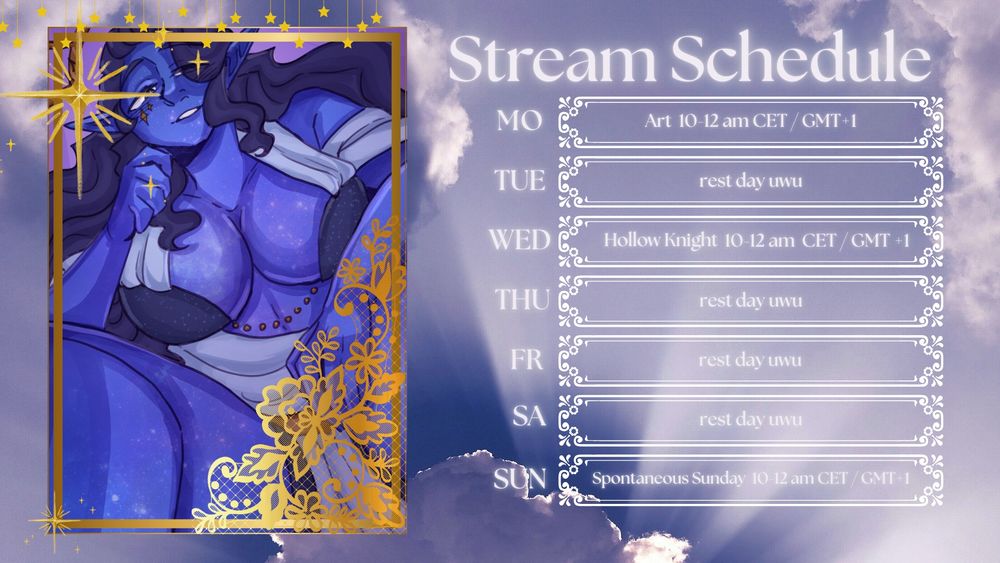 Stream Schedule feat Mo with art, Wed with Hollow Knight and Spontaneous Sunday. In the featured art corner there is a picture of an astral elf leaning towards you from their chair 