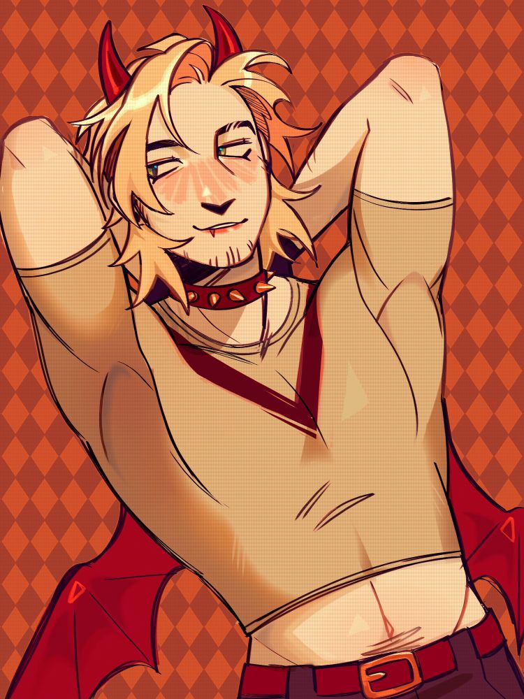 My oc Kamerson posing with his arms up and behind his head 