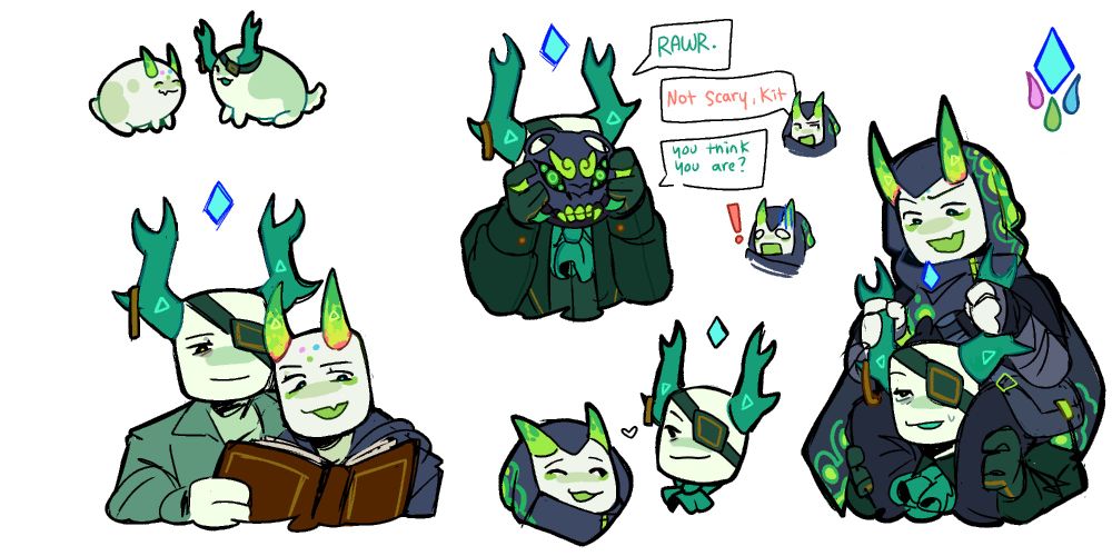 A doodle page of Medkit and Shuriken, there's a drawing of Medkit wearing Shuri's mask, Shuriken riding on Kit's shoulders and a drawing of them reading together 