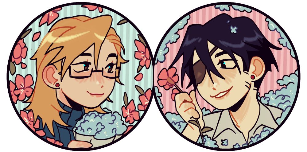 2 bust shots framed in circles, to the left is Riza, she's holding a bouquet of blue hydrangeas (my favorites), encircled by oleander flowers (my boyfriends favorites). To the right is Roy, he's holding a single oleander flower, encircled by blue hydrangea 