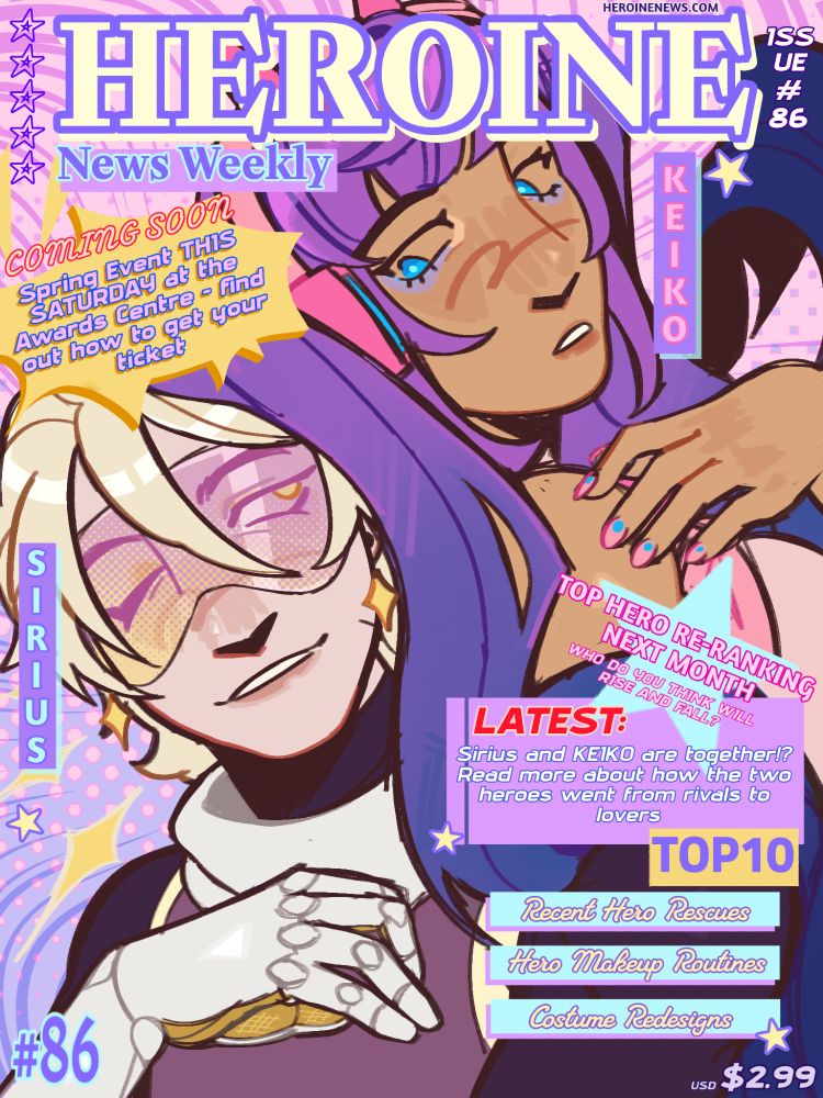 A brightly colored magazine cover titled "HEROINE News Weekly" 2 characters are pictured their backs pressed up against eachother