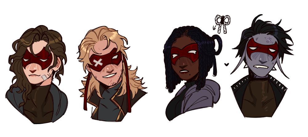 A lineup of 4 busts, each character wearing a matching red mask 