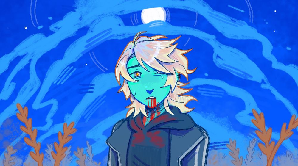My oc Zack in a field of wheat, the moon looming above his head as he stares at the camera blankly, blood dripping down his chin