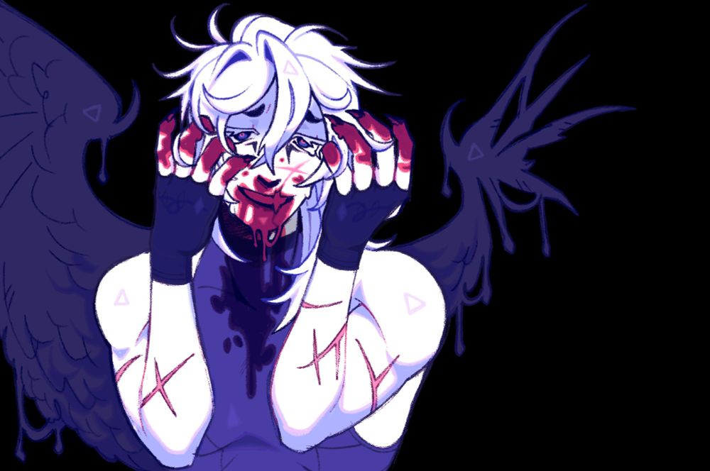 My oc Lithe, blood dripping down his face with a crazed expression, his wings tattered, one nearly gone entirely