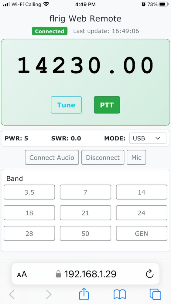 Screenshot of iPhone shows frequency in large fond, then Tune and PTT buttons, they're all in a pale green box.Next row displays PWR:5, SWR:0.0, MODE: USB (this is a dropdown).

Next row, 3 buttons: Connect Audio, Disconnect, Mic.

Next is a box with nine buttons. In the upper left the box is titled "Band", and the buttons follow:
3.5, 7, 14
18, 21, 24
28, 50, GEN

At the bottom is the URL bar that shows a local LAN IP address.