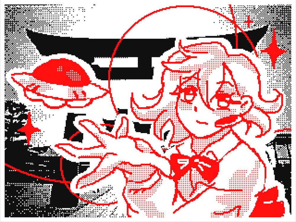 Momo from Dan Da Dan holding her hand up towards the viewer with a little UFO next to her. In the background there is a black tori gate and some red sparkles