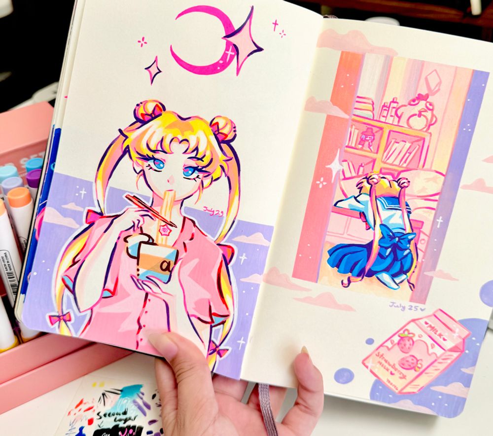 Two pages in a sketchbook. Left one features Usagi in pink pajamas eating instant noodles. Right one features Usagi laying down on a table in her school uniform with her cozy room as the background 