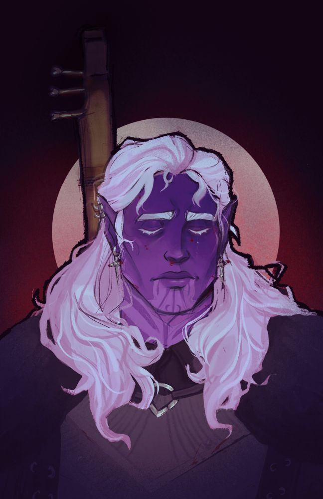 Illustration of a purple drow with white hair with lihala's lute from bg3