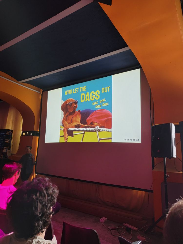 Mosh with a slide featuring a dog with text "Who let the DAGs out" 