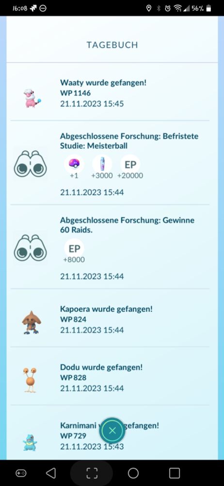 screenshot from Pokémon Go journal showing I finished the Master Ball event