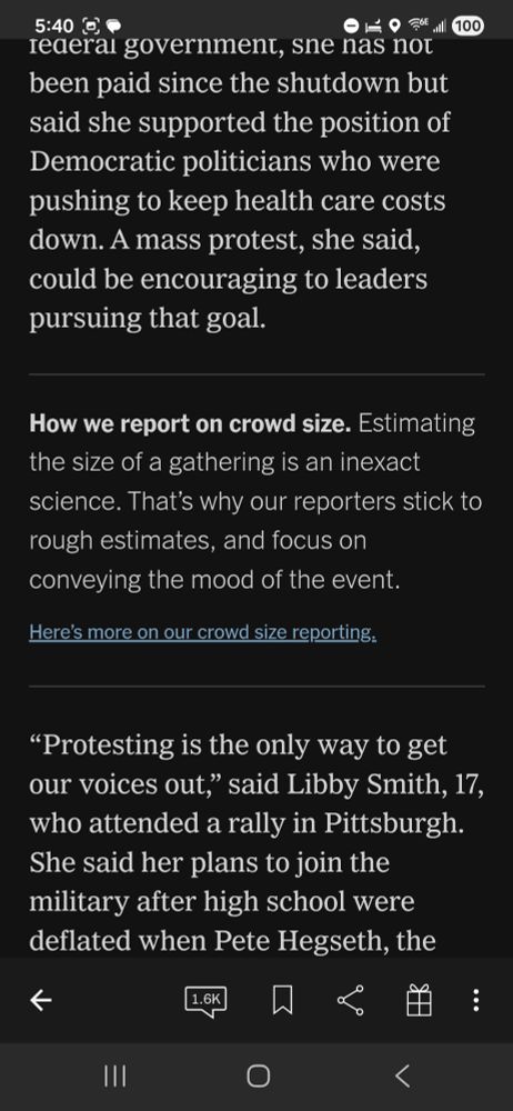 A screenshot from an early morning New York Times story about yesterday's massive rallies and marches has a disclaimer saying that because crowd size is difficult to estimate, their writers "stick to rough estimates, and focus on conveying the mood of the event."