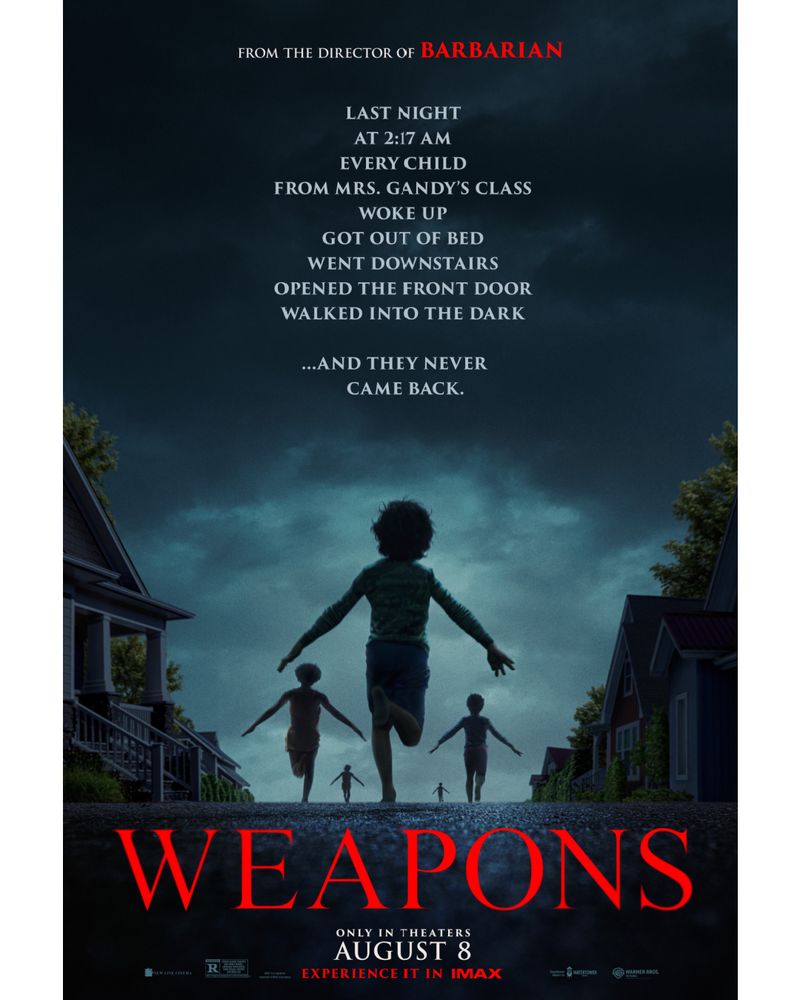 Poster for Weapons (2025). Poster shows silhouettes of children running at nighttime. 