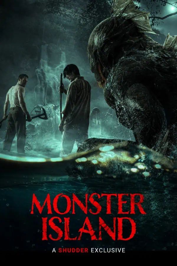 Poster for Monster Island (2025). Poster shows two men and the back of a monster.