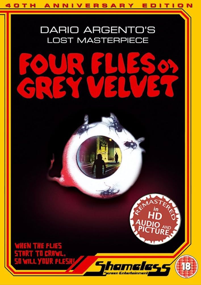DVD cover of Four Flies on Grey Velvet 1971. Cover shows an eyeball with flies on it