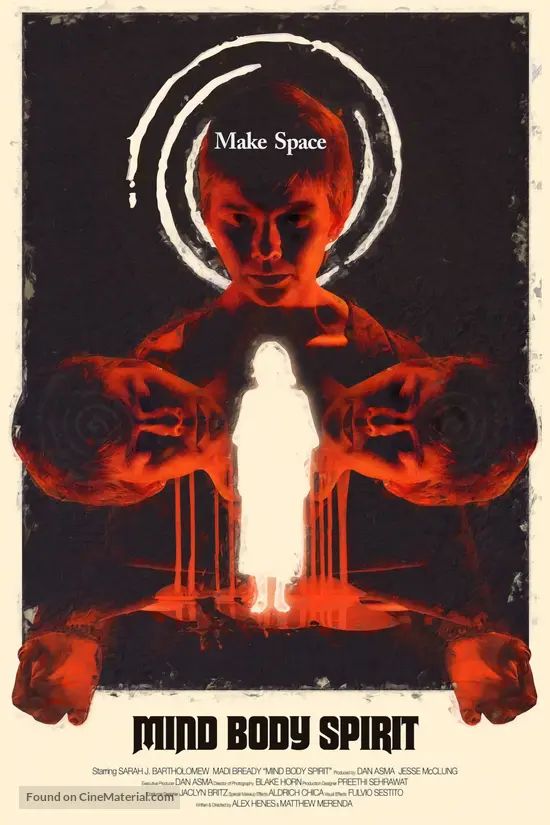 Poster for Mind Body Spirit (2024). Poster shows a silhouette of a woman surrounded by faces.