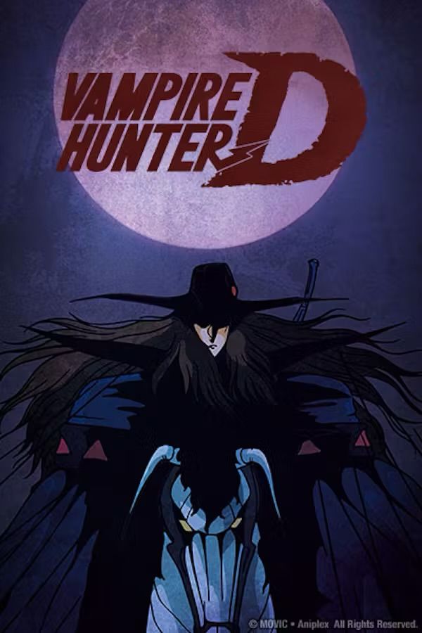 Poster for Vampire Hunter D (1985). Poster shows a long faired man wearing a big hat riding on a robot horse.