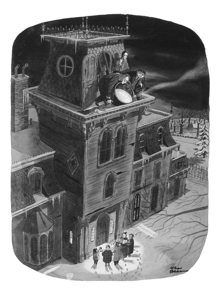 A group of Christmas Carolers are singing at the door of a Gothic Mansion. On the roof, the Addams Family are about to pour boiling oil on the singers.