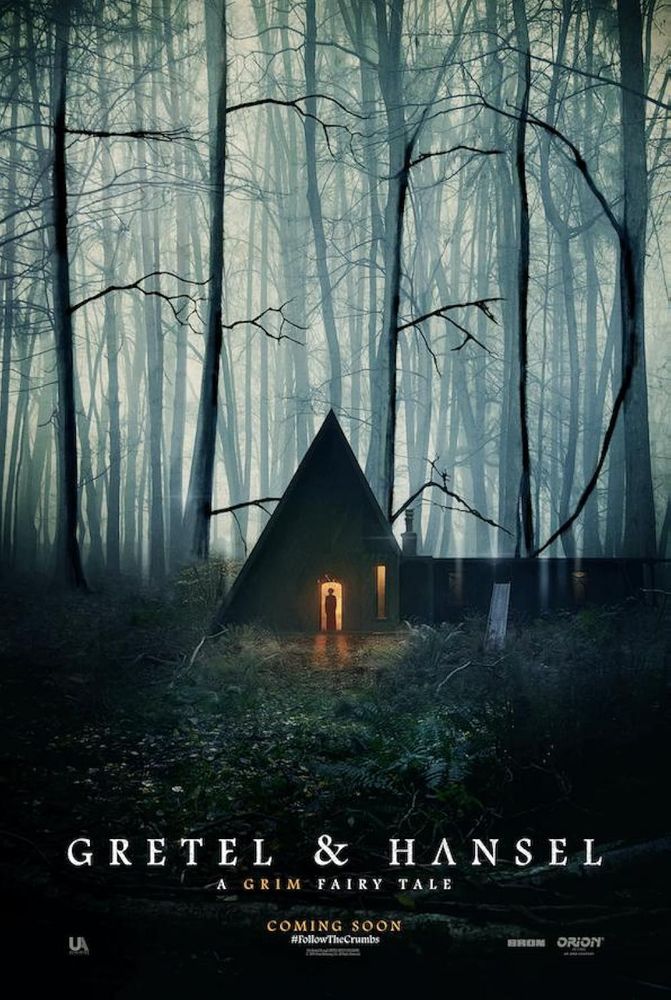 Poster for Gretel and Hansel (2020). Poster shows a pyramid shaped log cabin in the woods surrounded by trees. The tree branches spell the word FEED above the cabin.