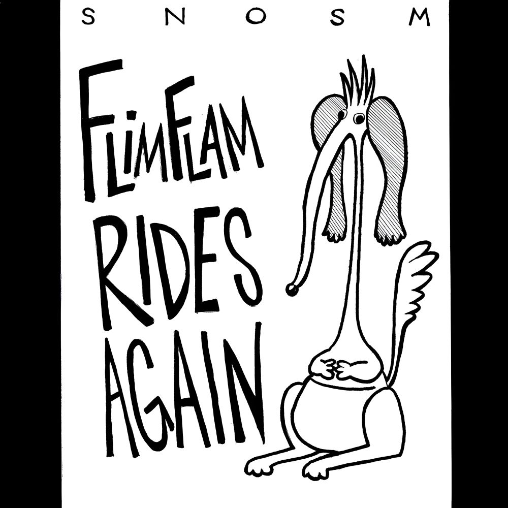 Album cover for Flimflam Rides Again by Snosm. Featuring an anteater-kangaroo-like creature with long ears, nose and neck, four spikes of hair on its head, a pouch, and a tail like a feather. Presumably this is Flimflam.