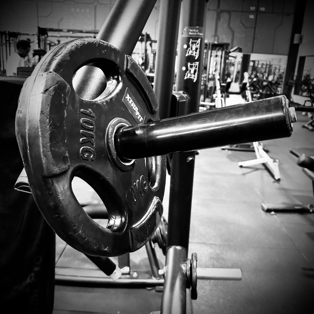 Das Bild zeigt den Freihantelbereich im Gym, im Vordergrund eine 10kg-Langhantel-Scheibe.