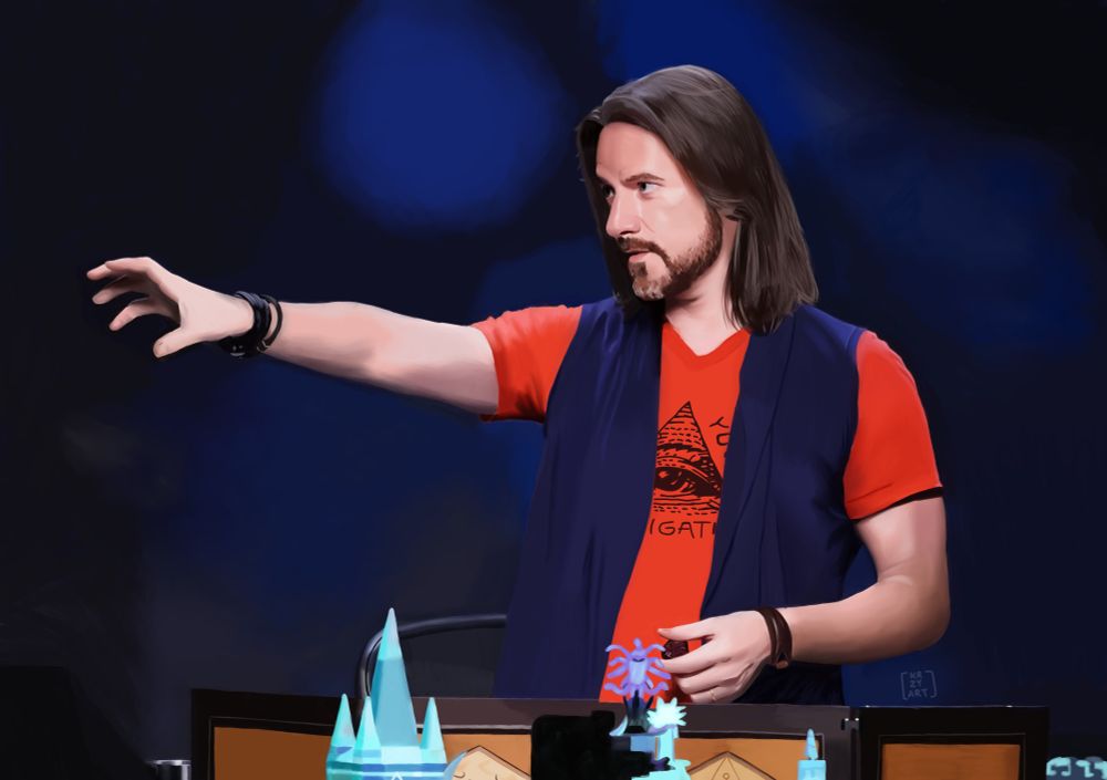 A digital painting of Matt Mercer. Matt is wearing a red shirt and blue vest. He is looking left and reaching out a hand dramatically l. 