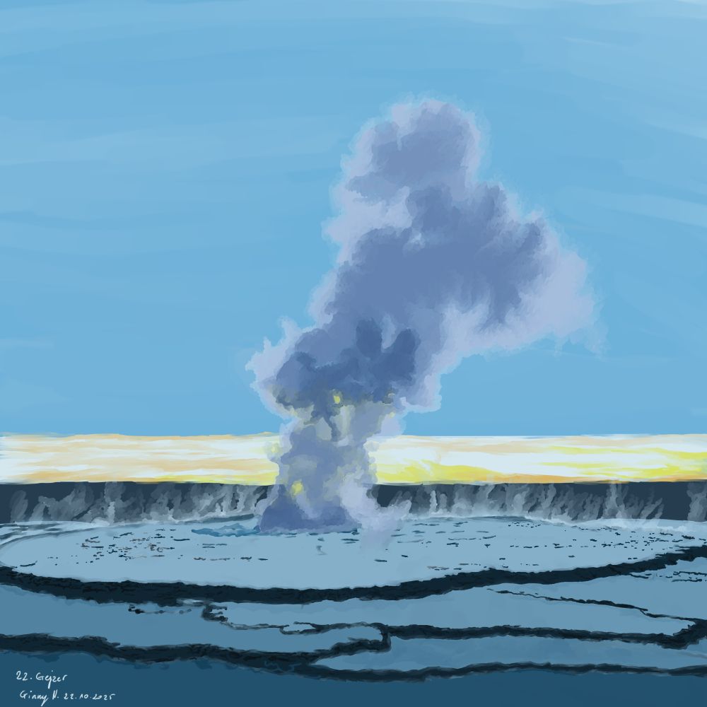 A digital drawing of geysir. There's writing in the lower left corner: 22. Gejzer, Ginny N. 22.10.2025.