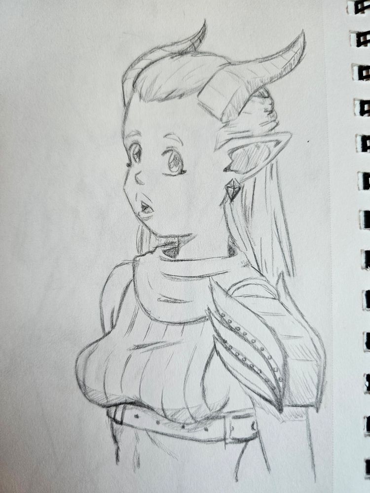 Demon girl with horns pointed back. Pencil sketch.