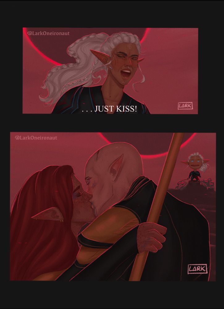 Third and last page.
Rook: *In a hurry because fight, duh* …JUST KISS!
Last panel is a Solavellan kiss with a Rook doodle in the background watching them pretty aghast while poorly drawn darkspawn reach for her 