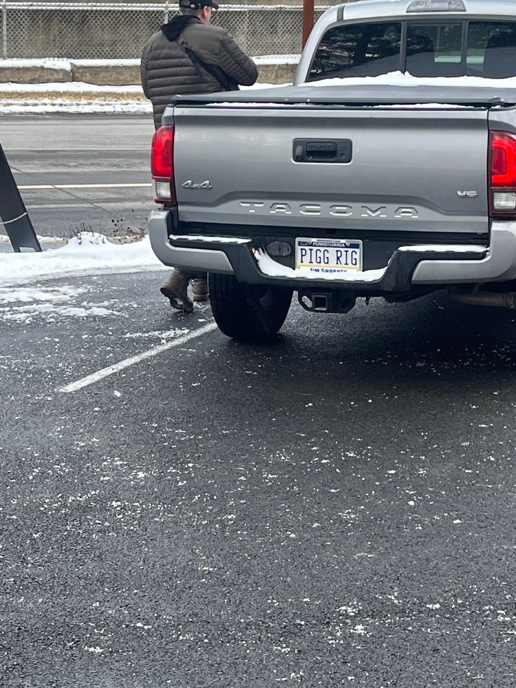 Back of a Toyota Tacoma. Plate reads PIGG RIG
