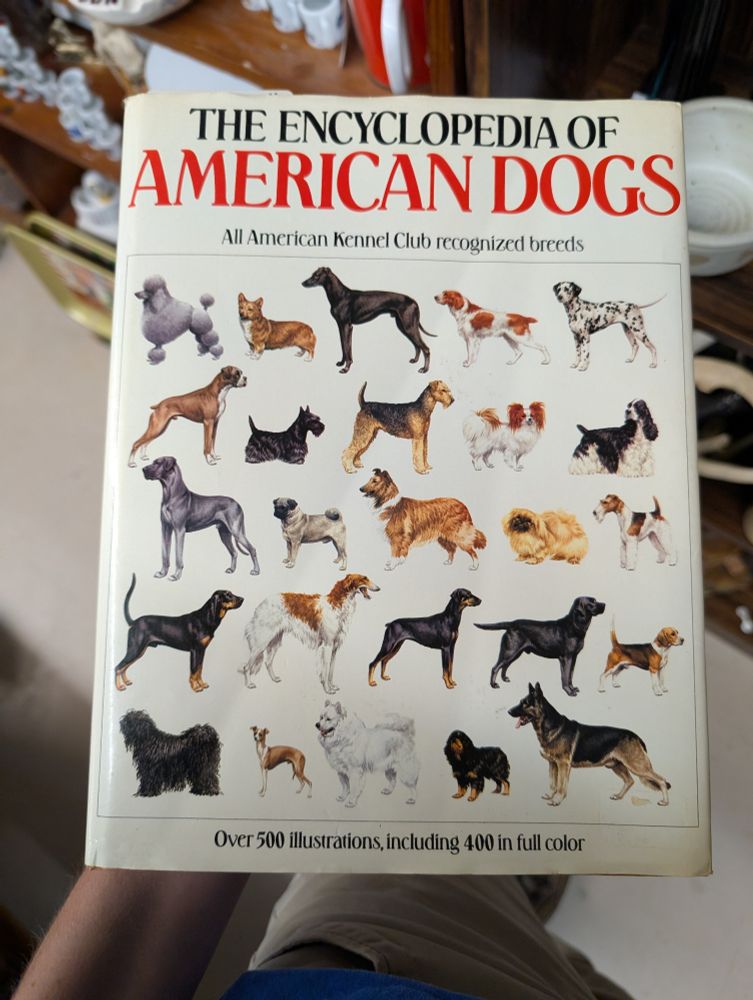 Old edition of the encyclopedia of American dogs with all AKC recognized breeds. The cover shows several paintings of various dog breeds including the poodle, Pembroke corgi, greyhound, boxer, Airedale, borzoi and many others