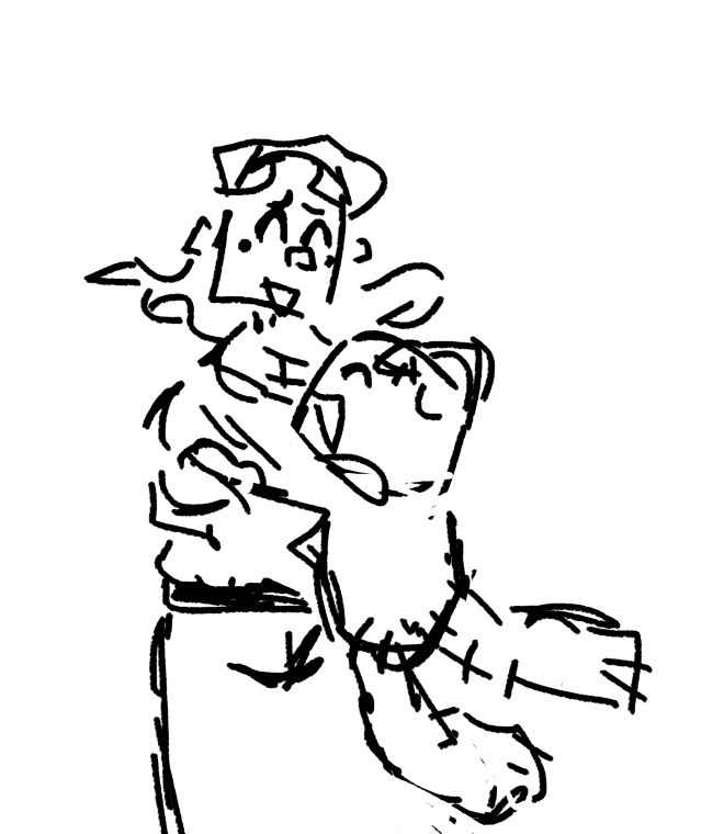 a messy sketch of sackboy, from little big planet, jumping into the arms of Mr Neighbor.
