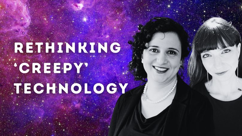 White text to the left reads "Rethinking 'creepy' technology". There are black and white images of Nassim Parvin and Neda Atanasoski on the right hand side. The background is a pink and purple starry galaxy. 