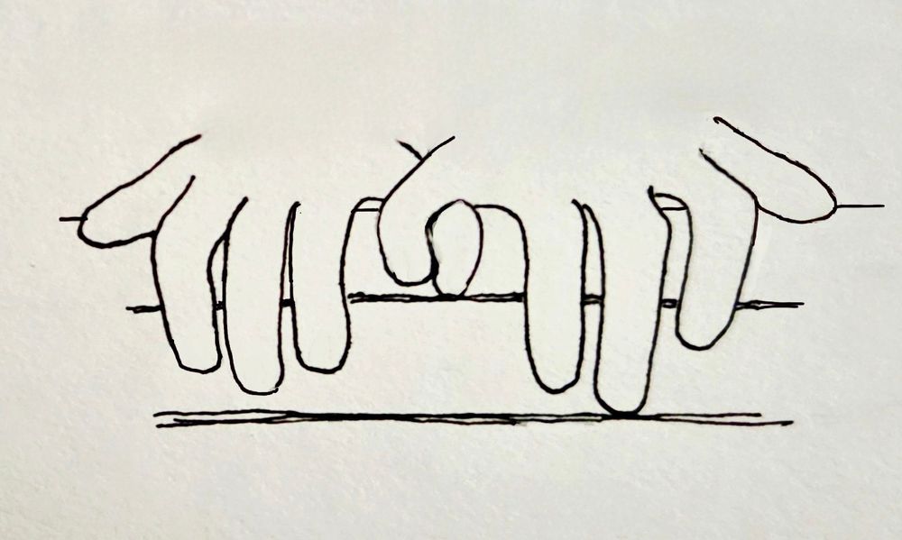 Line drawing of two people's hands next to each other, holding pinky fingers on a bench