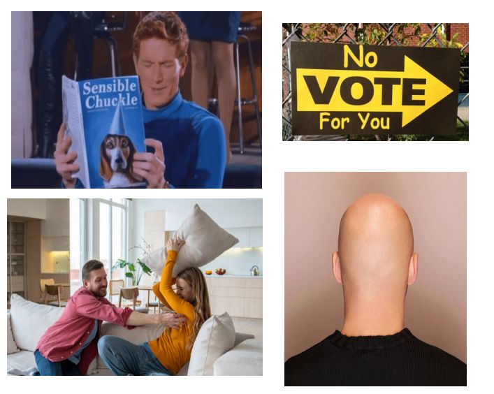 A collection of four images, one is a screenshot of the GIF of the guy chuckling sensibly while reading a magazine titled "Sensible Chuckle", one is a sign that reads "No Vote for You", one is an image of a tickle fight and the final is the back of a bald person's head.