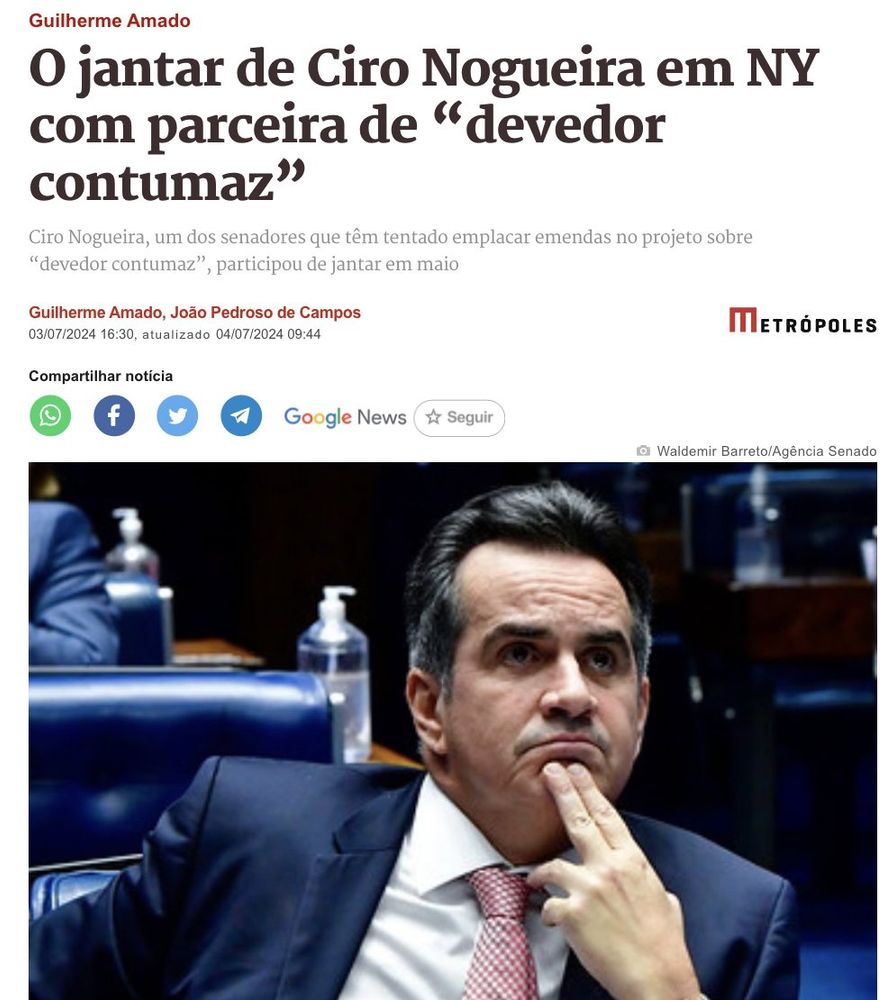 Título da matéria do Guilherme Amado no Metrópoles: O jantar de Ciro Nogueira em NY com parceira de 