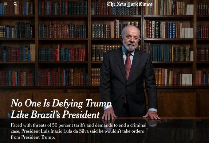 capa do NYT com uma foto do Lula no palácio e o título "ninguém desafia trump como o presidente braisleriro"