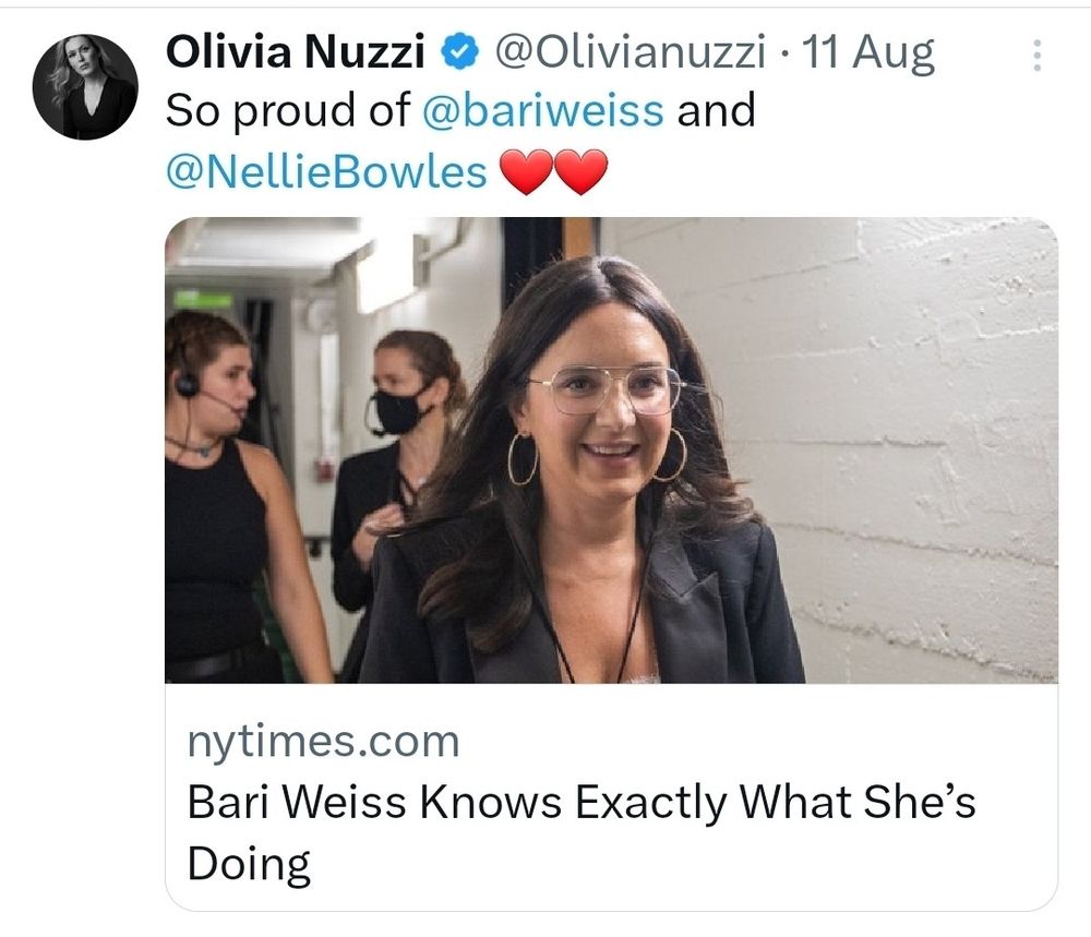 Olivia Nuzzi congratulating Bari Weiss 