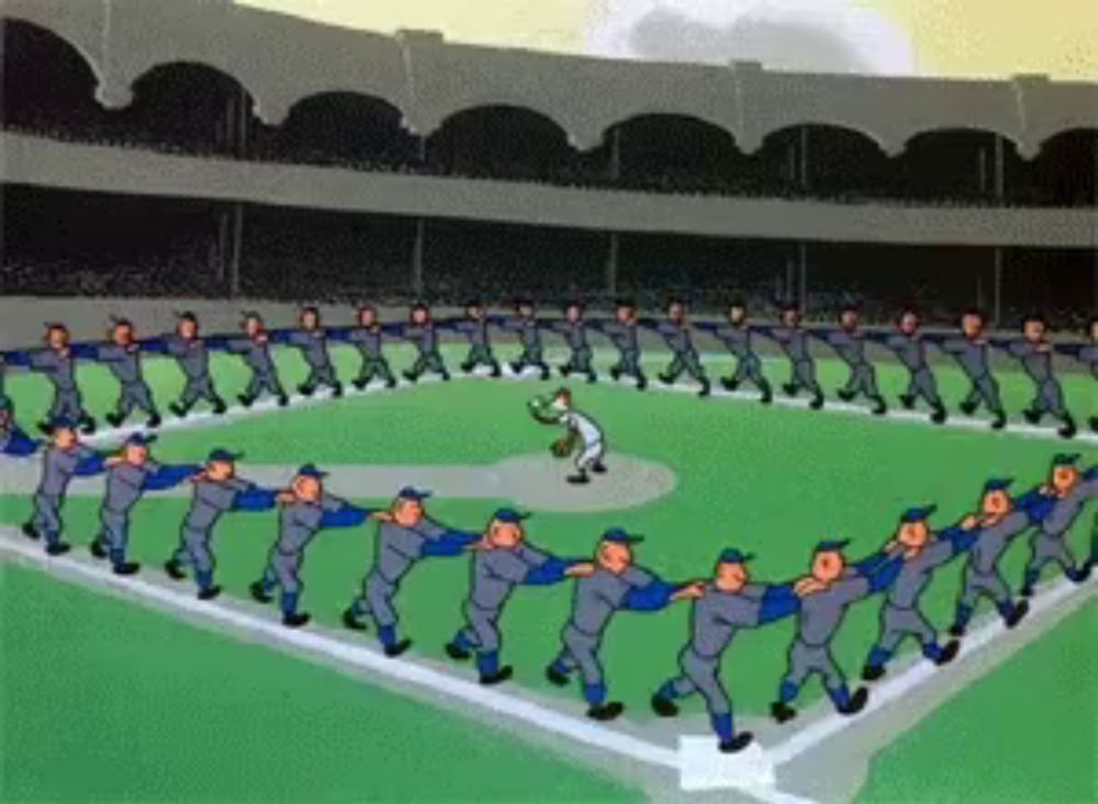 a cartoon of a baseball game with players holding hands