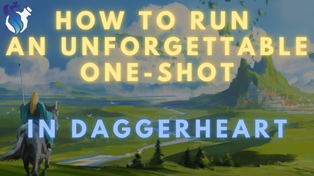 Promo graphic for Twitch stream. Background: a blonde figure with a staff riding a horse, headed across a green plain toward a city with floating rocks above it. In the top left corner, the alchemical bottle logo of the Darrington Press Community Gaming License. Text (at top center, in glowing yellow caps) 