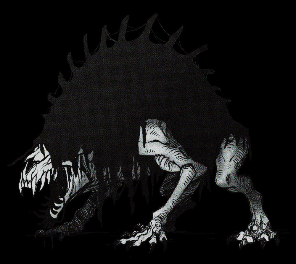 "Shrouded Beast", a black and white art piece by Tania Herrero. A skeletal canine creature covered in shadow, with spiky spines along their back.