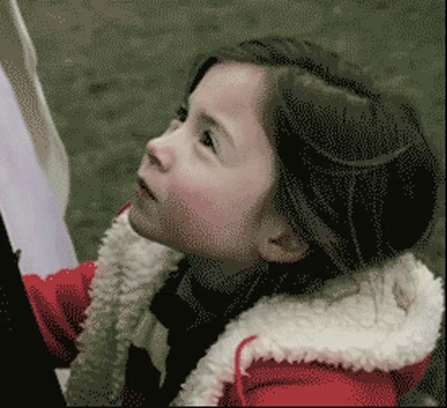 a pixelated image of a little girl in a red jacket looking up