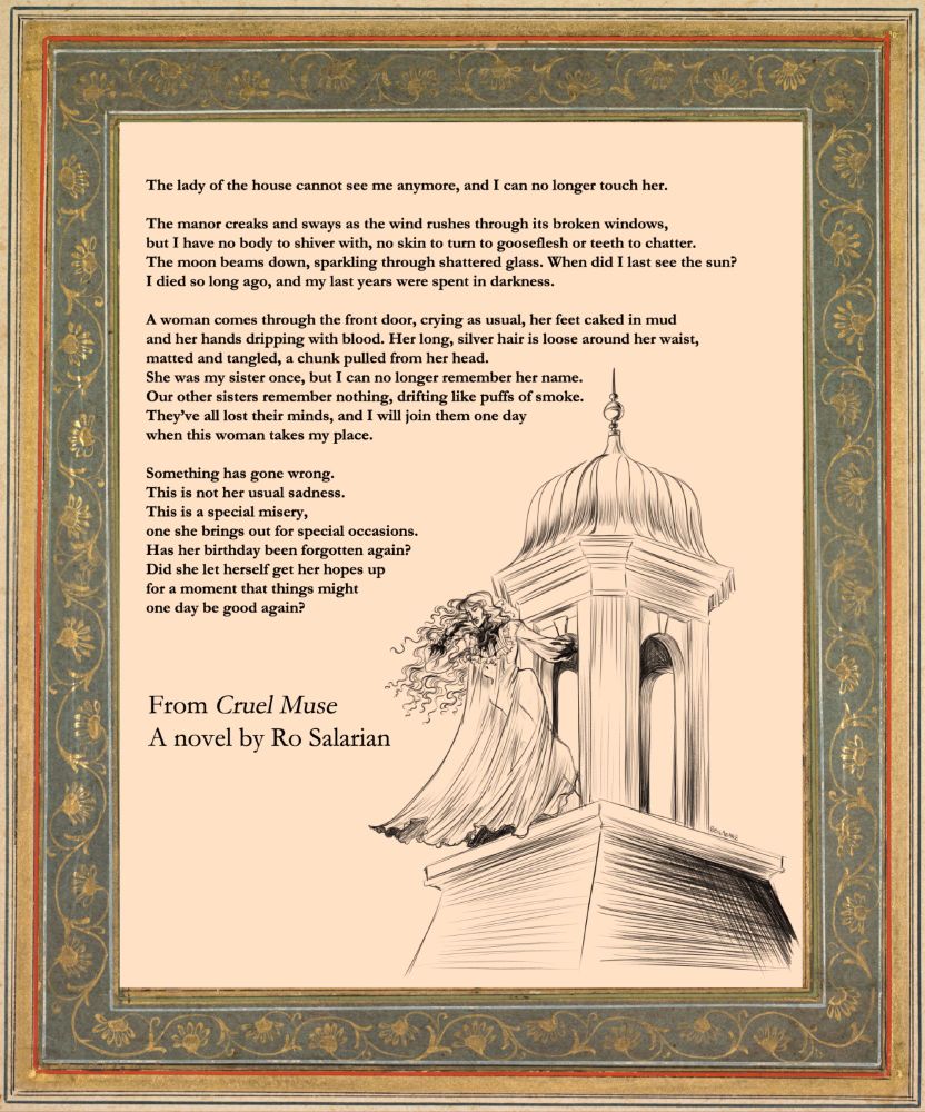 A pencil illustration of a very thin woman in a long victorian nightgown leaning out of the top of a tower. Overlaid are the first few paragraphs from the prologue.