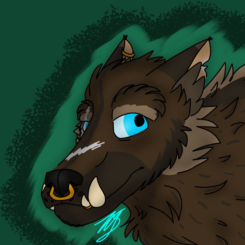 A drawing of a rugged, brownish-grey werewolf with a green background. He has blue eyes, some piercings (such as an earring and nose ring), two large tusks on each side of his mouth, and some scars.